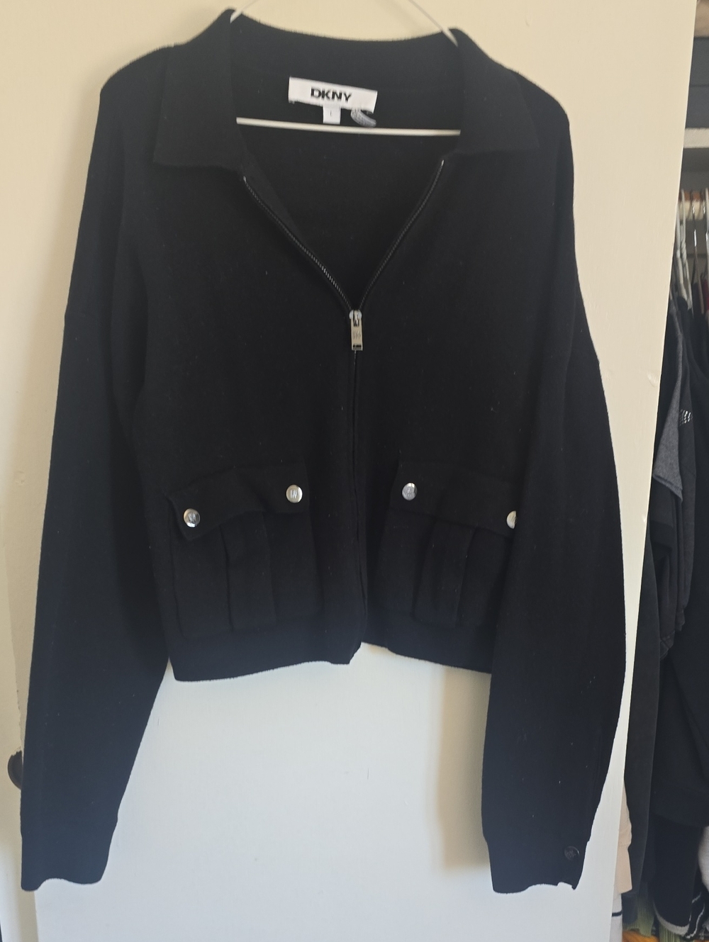 DKNY Black Zip-Up Collared Knit Jacket
